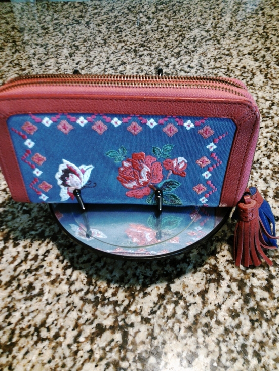 Handbags - Sharif Double Zip Embroidered Wallet Leather Trim Floral Butterfly Tassel. EUC.